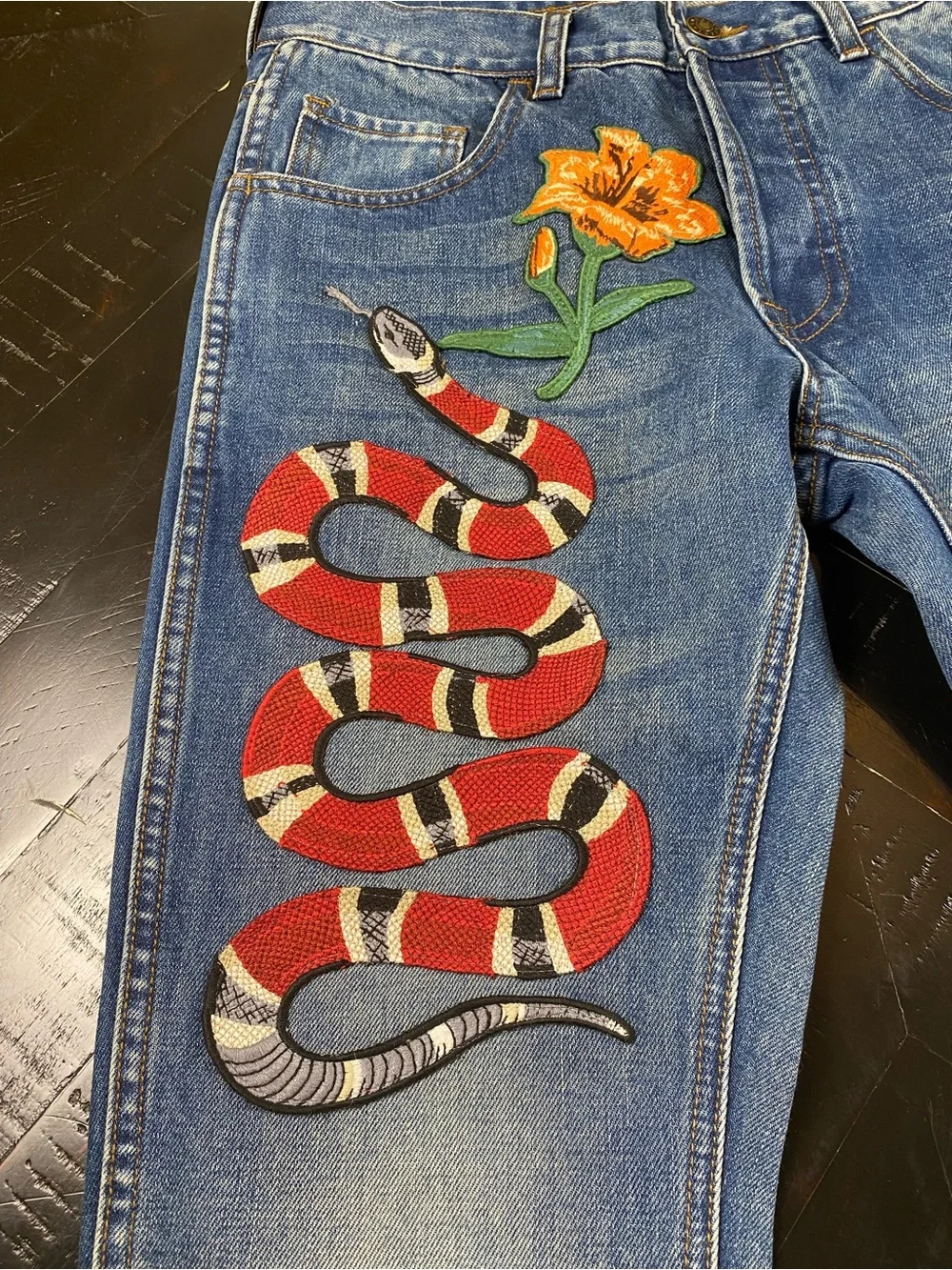 Gucci Blue Denim Skinny Jeans with Red Snake and Orange Flower Embroidery